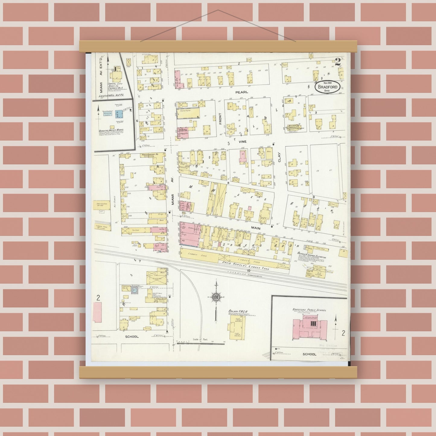 Old map wall art mockup — magnetic wood frame on brick wall — Sanborn Fire Insurance Map from Bradford, Darke and Miami Counties, Ohio (1910), Sheet #0002