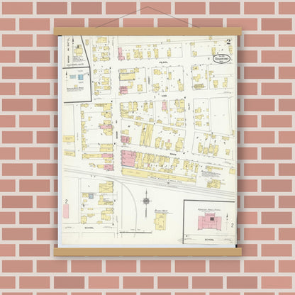 Old map wall art mockup — magnetic wood frame on brick wall — Sanborn Fire Insurance Map from Bradford, Darke and Miami Counties, Ohio (1910), Sheet #0002