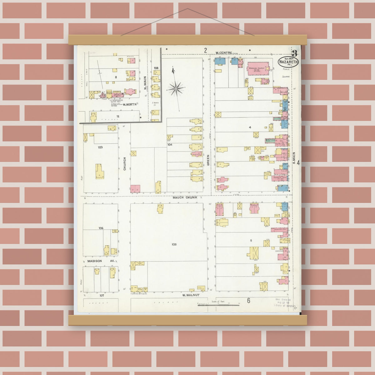 Old map wall art mockup — magnetic wood frame on brick wall — Sanborn Fire Insurance Map from Nazareth, Northampton County, Pennsylvania (1904), Sheet #0003