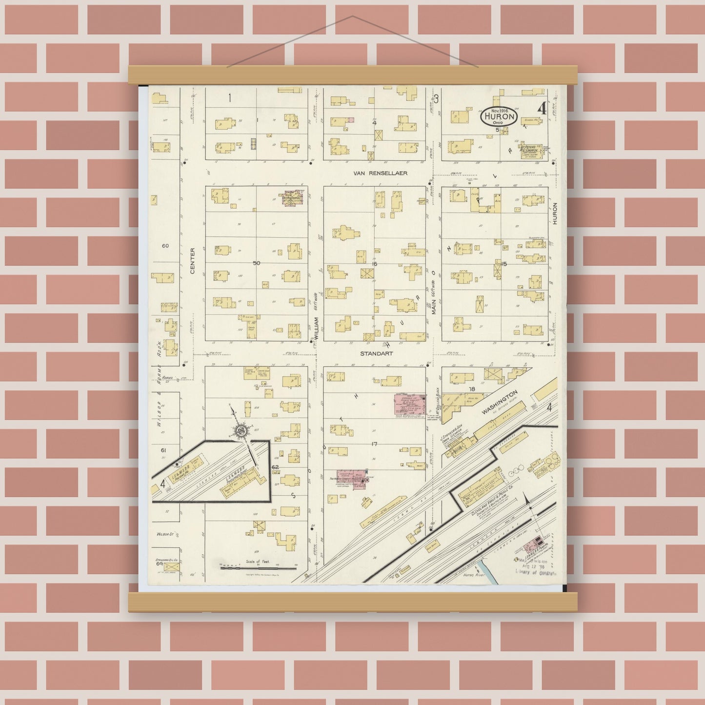 Old map wall art mockup — magnetic wood frame on brick wall — Sanborn Fire Insurance Map from Huron, Erie County, Ohio (1916), Sheet #0004