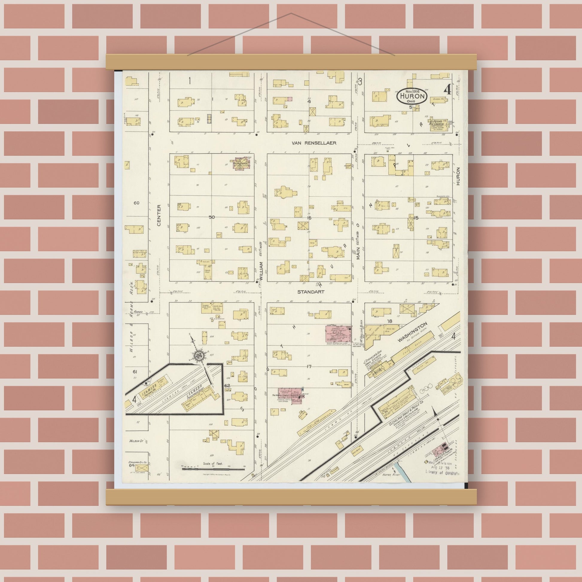 Old map wall art mockup — magnetic wood frame on brick wall — Sanborn Fire Insurance Map from Huron, Erie County, Ohio (1916), Sheet #0004