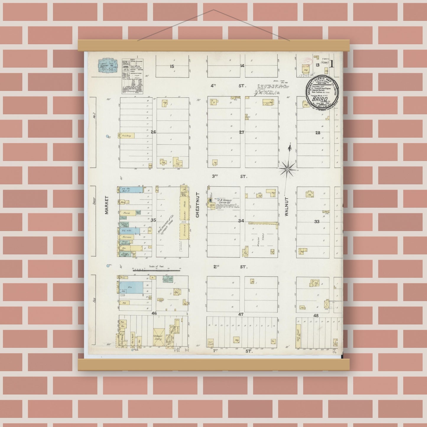 Old map wall art mockup — magnetic wood frame on brick wall — Sanborn Fire Insurance Map from Baird, Callahan County, Texas (1891), Sheet #0001