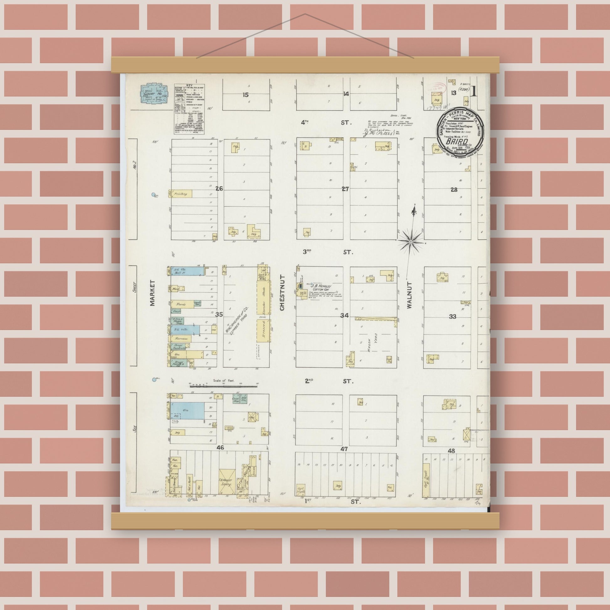 Old map wall art mockup — magnetic wood frame on brick wall — Sanborn Fire Insurance Map from Baird, Callahan County, Texas (1891), Sheet #0001