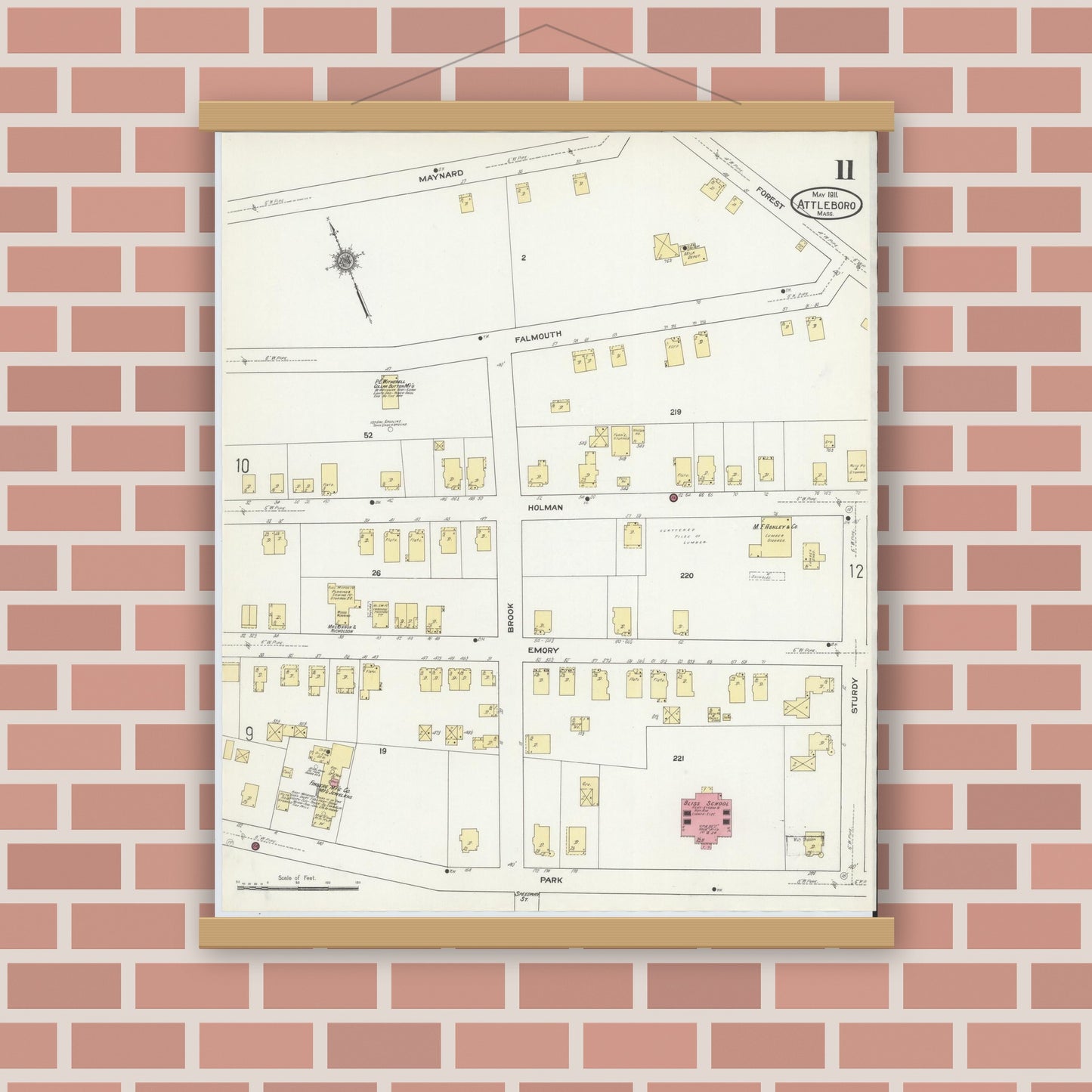 Old map wall art mockup — magnetic wood frame on brick wall — Sanborn Fire Insurance Map from Attleboro, Bristol County, Massachusetts (1911), Sheet #0011