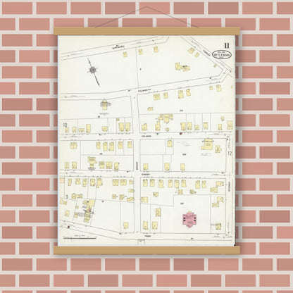Old map wall art mockup — magnetic wood frame on brick wall — Sanborn Fire Insurance Map from Attleboro, Bristol County, Massachusetts (1911), Sheet #0011
