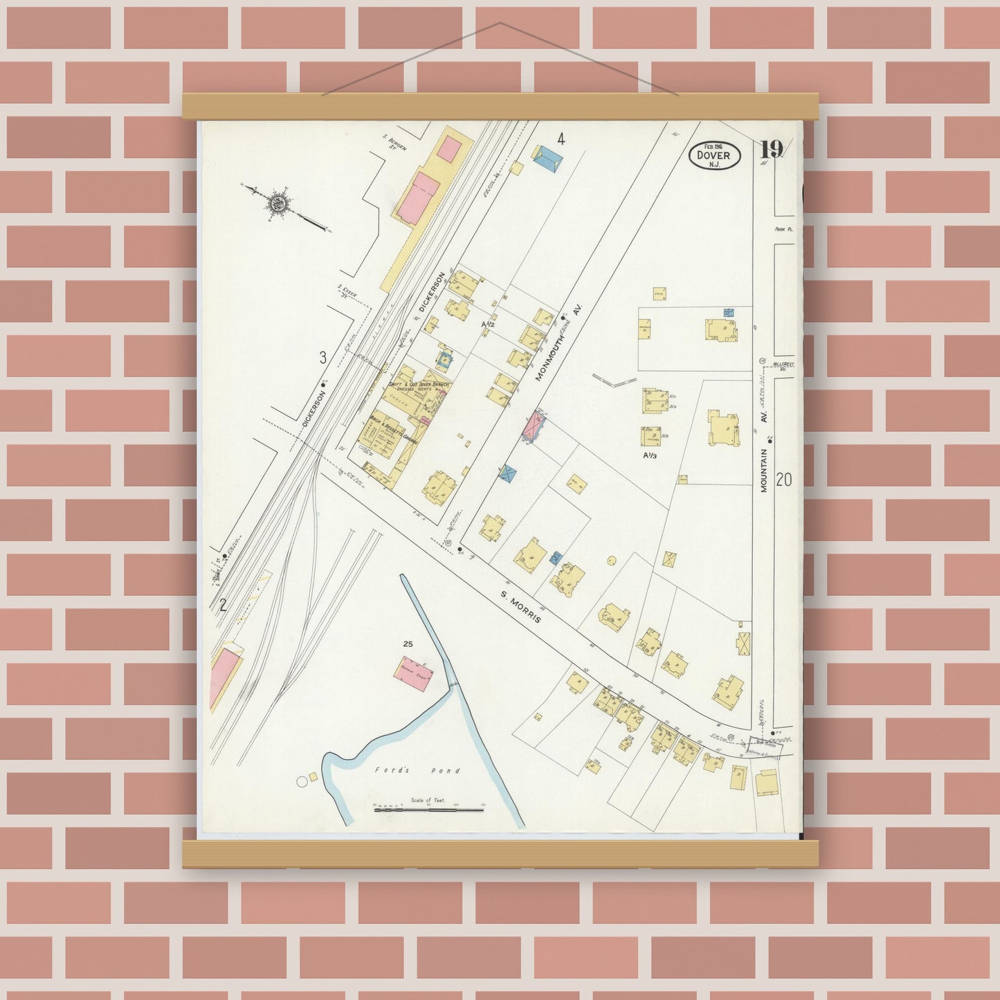 Old map wall art mockup — magnetic wood frame on brick wall — Sanborn Fire Insurance Map from Dover, Morris County, New Jersey (1916), Sheet #0019