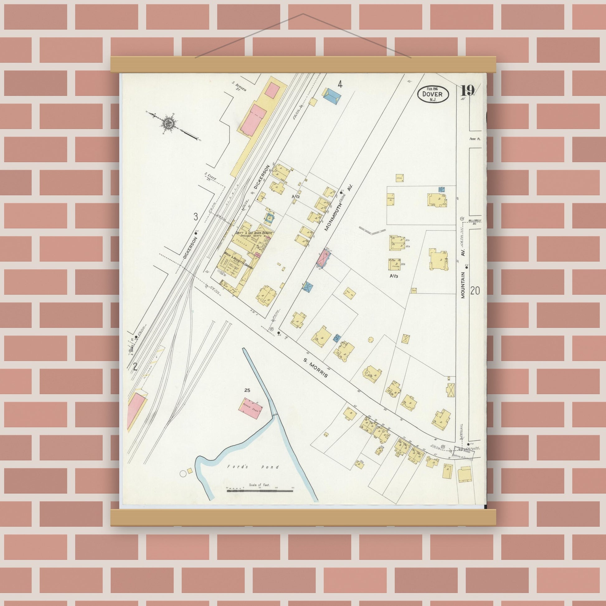 Old map wall art mockup — magnetic wood frame on brick wall — Sanborn Fire Insurance Map from Dover, Morris County, New Jersey (1916), Sheet #0019
