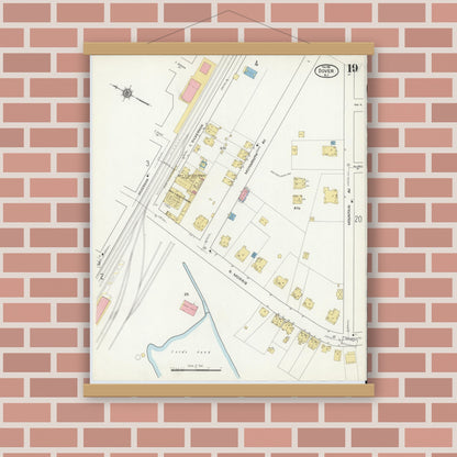Old map wall art mockup — magnetic wood frame on brick wall — Sanborn Fire Insurance Map from Dover, Morris County, New Jersey (1916), Sheet #0019