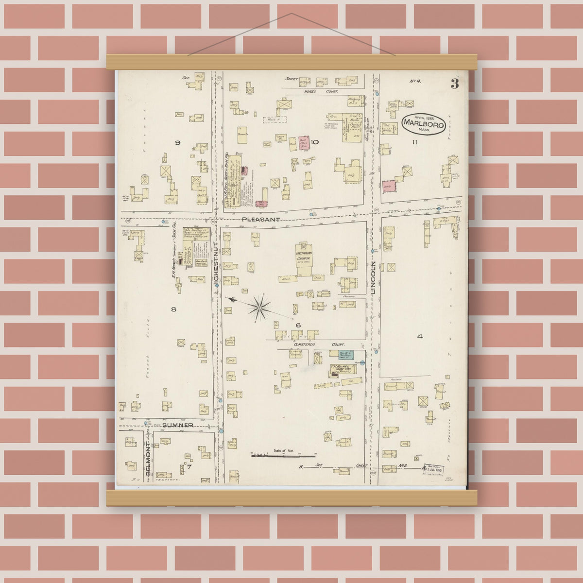 Old map wall art mockup — magnetic wood frame on brick wall — Sanborn Fire Insurance Map from Marlborough, Middlesex County, Massachusetts (1885), Sheet #0003