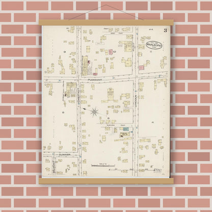 Old map wall art mockup — magnetic wood frame on brick wall — Sanborn Fire Insurance Map from Marlborough, Middlesex County, Massachusetts (1885), Sheet #0003