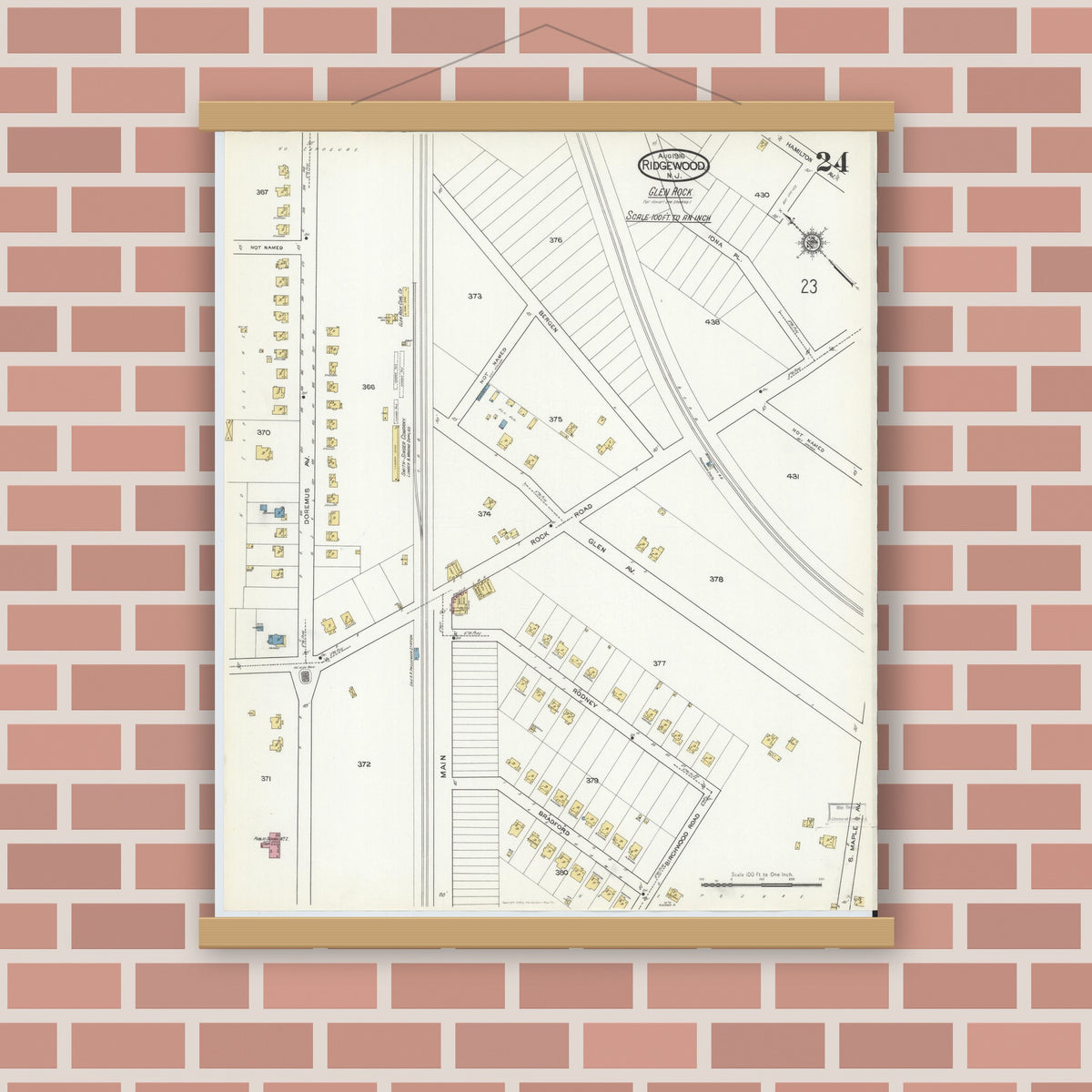 Old map wall art mockup — magnetic wood frame on brick wall — Sanborn Fire Insurance Map from Ridgewood, Bergen County, New Jersey (1916), Sheet #0024