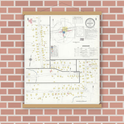 Old map wall art mockup — magnetic wood frame on brick wall — Sanborn Fire Insurance Map from Madison, Lake County, Ohio (1938) - Complete Map Set