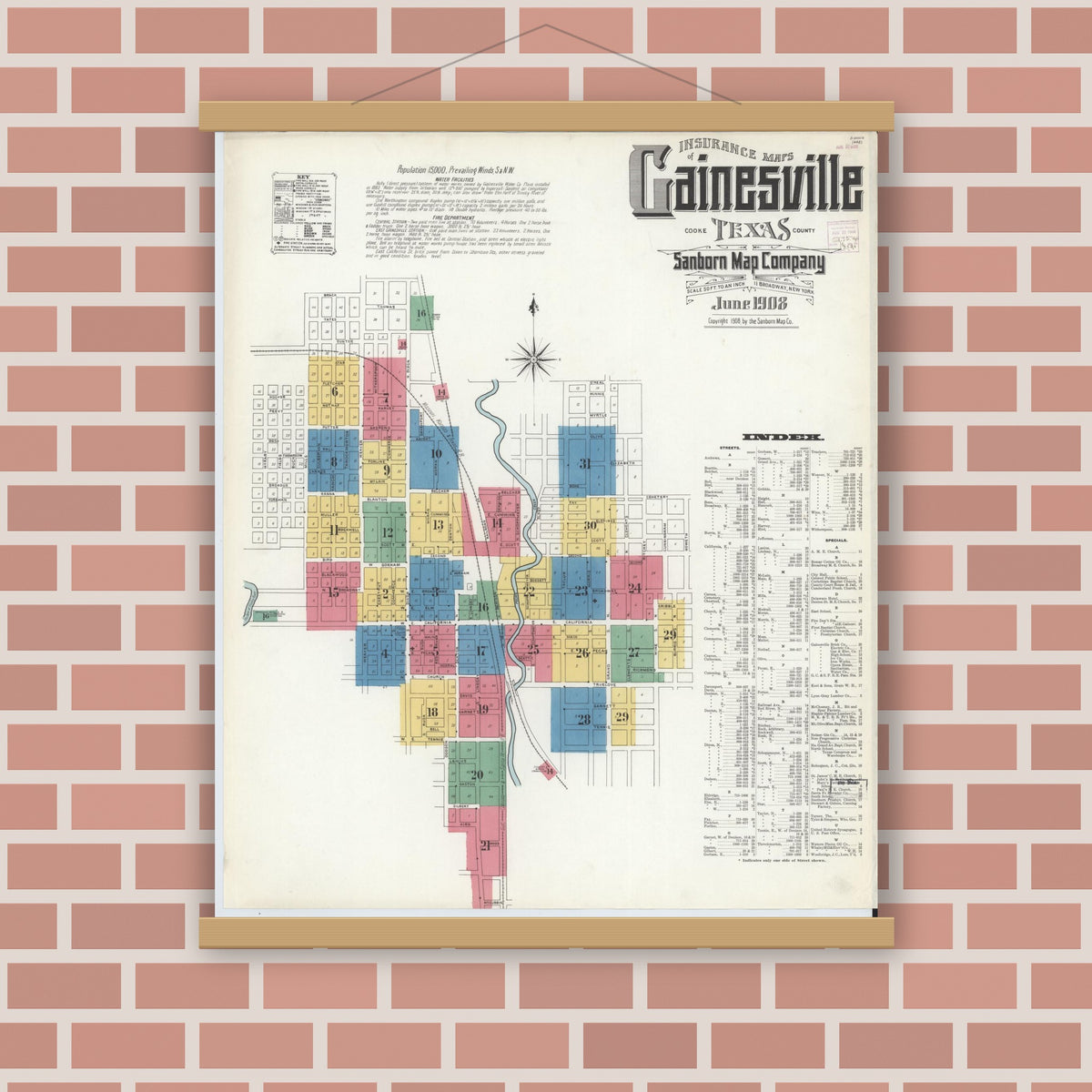 Old map wall art mockup — magnetic wood frame on brick wall — Sanborn Fire Insurance Map from Gainesville, Cooke County, Texas (1908) - Complete Map Set