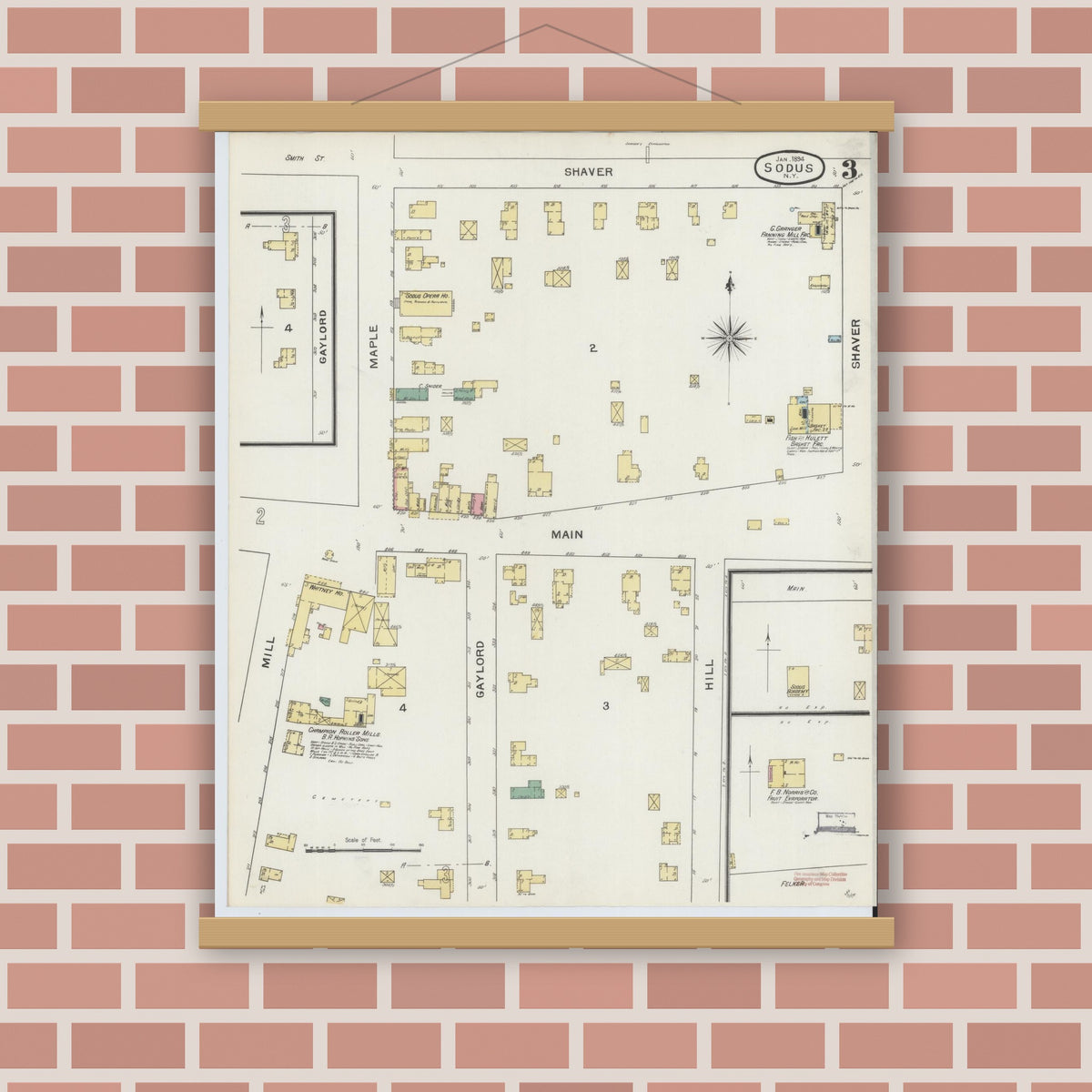 Old map wall art mockup — magnetic wood frame on brick wall — Sanborn Fire Insurance Map from Sodus, Wayne County, New York (1894), Sheet #0003