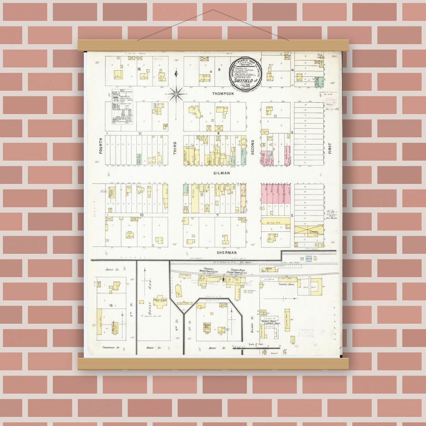 Old map wall art mockup — magnetic wood frame on brick wall — Sanborn Fire Insurance Map from Sheffield, Franklin County, Iowa (1896), Sheet #0001