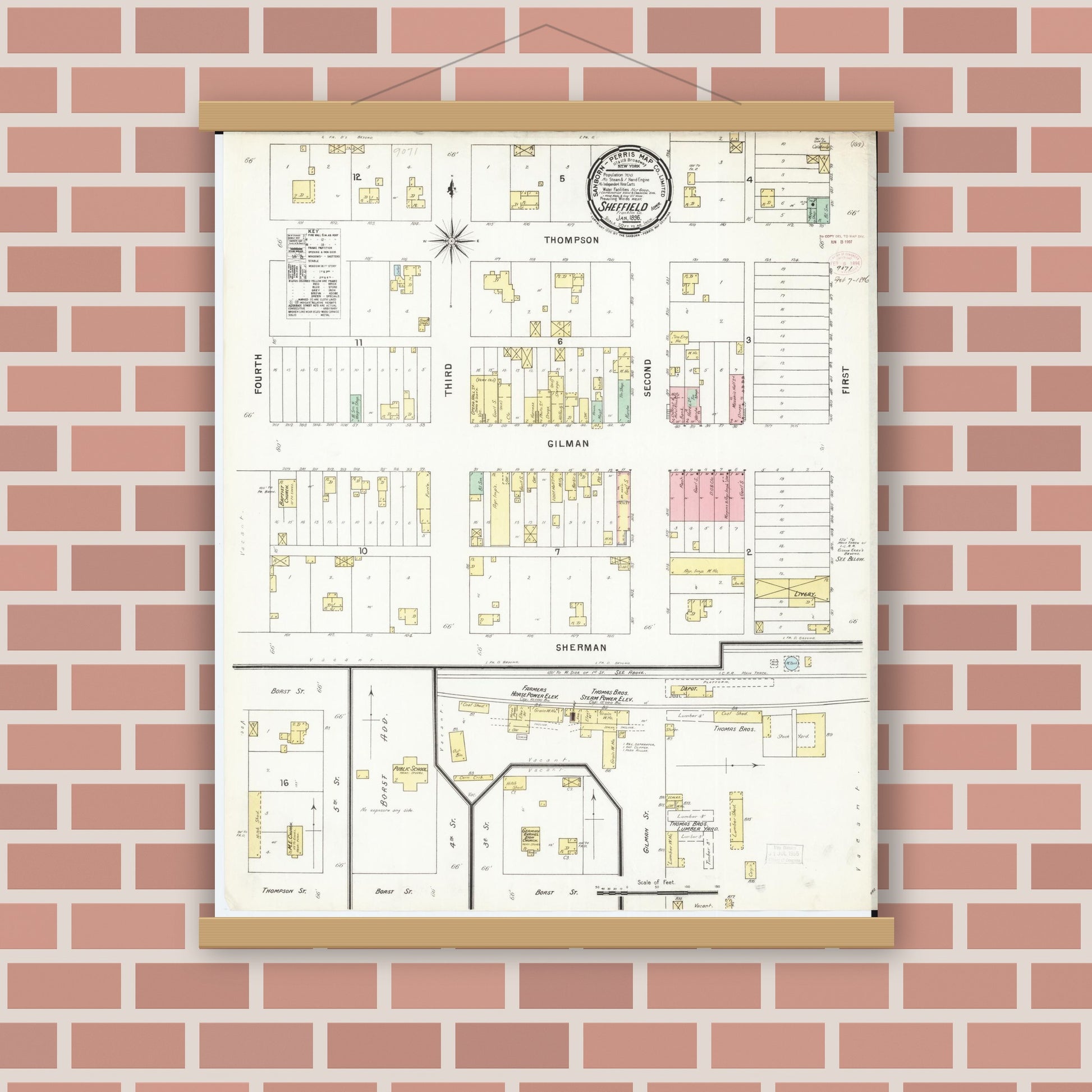 Old map wall art mockup — magnetic wood frame on brick wall — Sanborn Fire Insurance Map from Sheffield, Franklin County, Iowa (1896), Sheet #0001