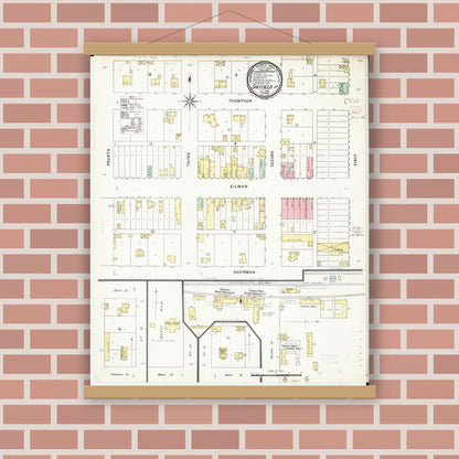 Old map wall art mockup — magnetic wood frame on brick wall — Sanborn Fire Insurance Map from Sheffield, Franklin County, Iowa (1896), Sheet #0001