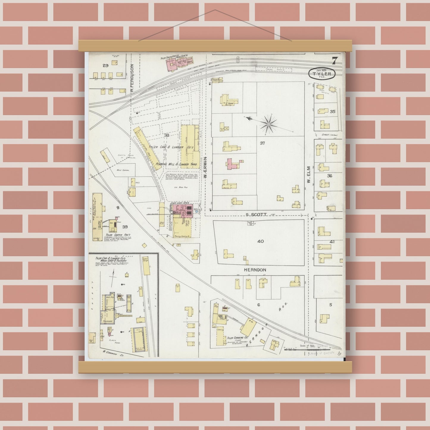 Old map wall art mockup — magnetic wood frame on brick wall — Sanborn Fire Insurance Map from Tyler, Smith County, Texas (1893), Sheet #0007