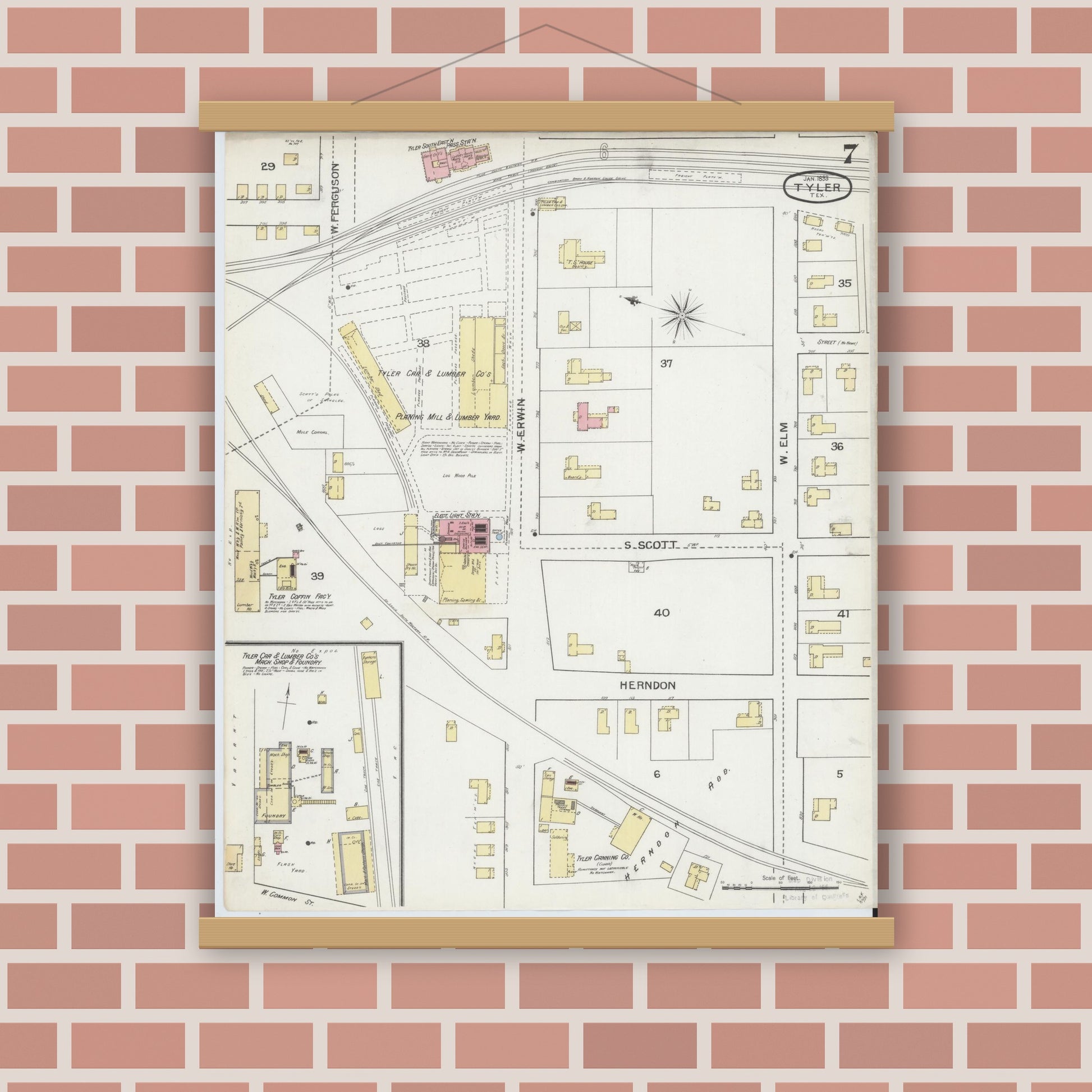 Old map wall art mockup — magnetic wood frame on brick wall — Sanborn Fire Insurance Map from Tyler, Smith County, Texas (1893), Sheet #0007