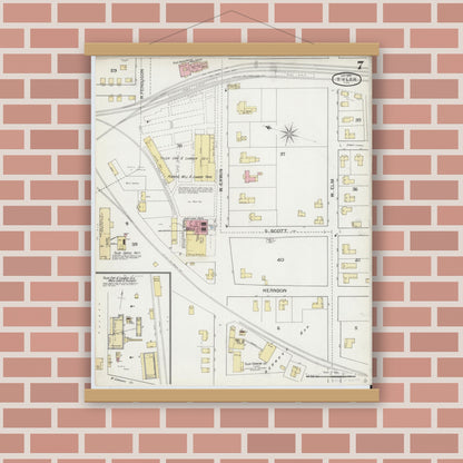 Old map wall art mockup — magnetic wood frame on brick wall — Sanborn Fire Insurance Map from Tyler, Smith County, Texas (1893), Sheet #0007