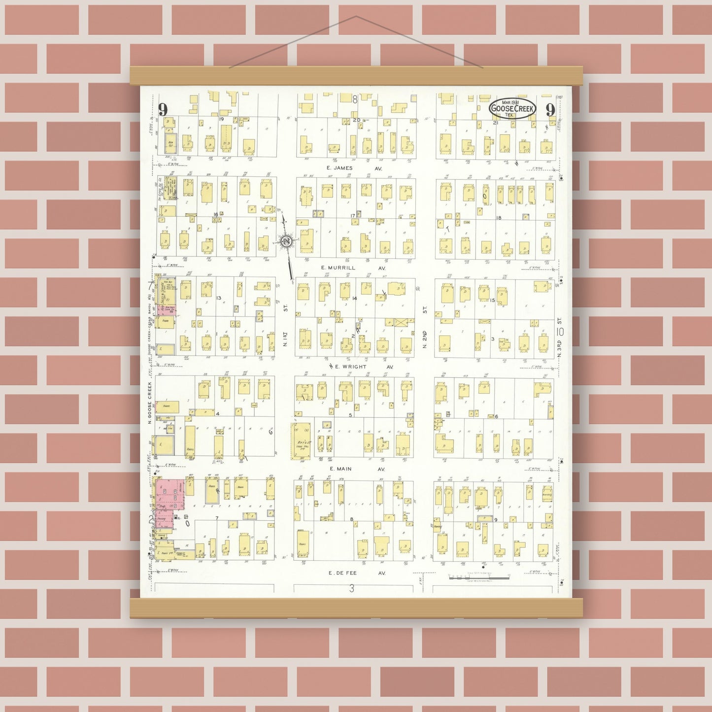 Old map wall art mockup — magnetic wood frame on brick wall — Sanborn Fire Insurance Map from Goose Creek, Harris County, Texas (1931), Sheet #0009