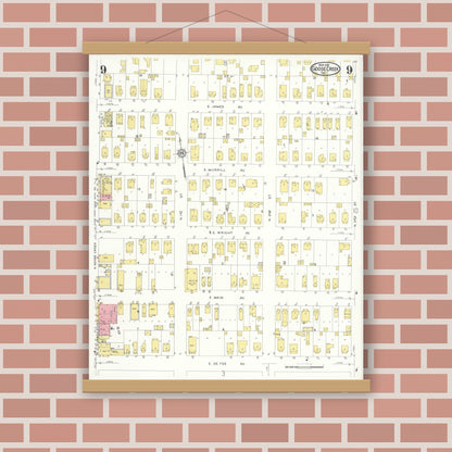 Old map wall art mockup — magnetic wood frame on brick wall — Sanborn Fire Insurance Map from Goose Creek, Harris County, Texas (1931), Sheet #0009