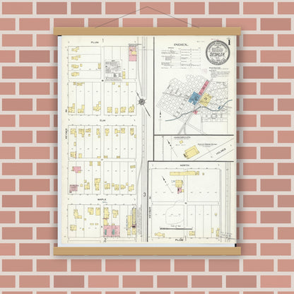 Old map wall art mockup — magnetic wood frame on brick wall — Sanborn Fire Insurance Map from Deshler, Henry County, Ohio (1909), Sheet #0001