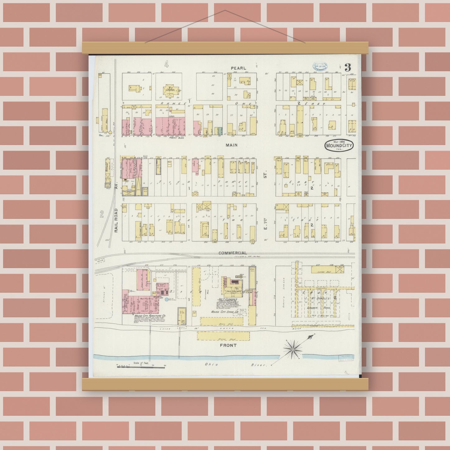 Old map wall art mockup — magnetic wood frame on brick wall — Sanborn Fire Insurance Map from Mound City, Pulaski County, Illinois (1894), Sheet #0003