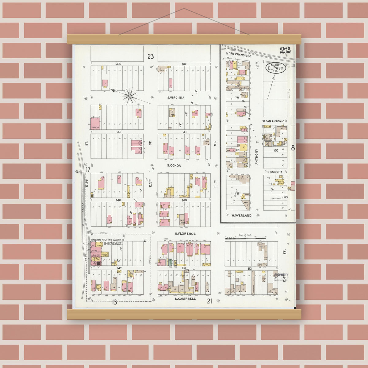 Old map wall art mockup — magnetic wood frame on brick wall — Sanborn Fire Insurance Map from El Paso, El Paso County, Texas (1900), Sheet #0022