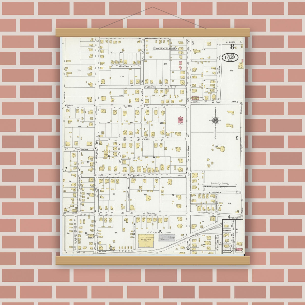Old map wall art mockup — magnetic wood frame on brick wall — Sanborn Fire Insurance Map from Tyler, Smith County, Texas (1919), Sheet #0008