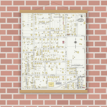 Old map wall art mockup — magnetic wood frame on brick wall — Sanborn Fire Insurance Map from Tyler, Smith County, Texas (1919), Sheet #0008