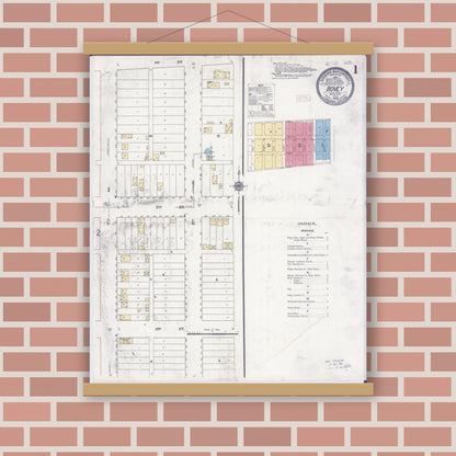 Old map wall art mockup — magnetic wood frame on brick wall — Sanborn Fire Insurance Map from Bovey, Itasca County, Minnesota (1909) - Complete Map Set