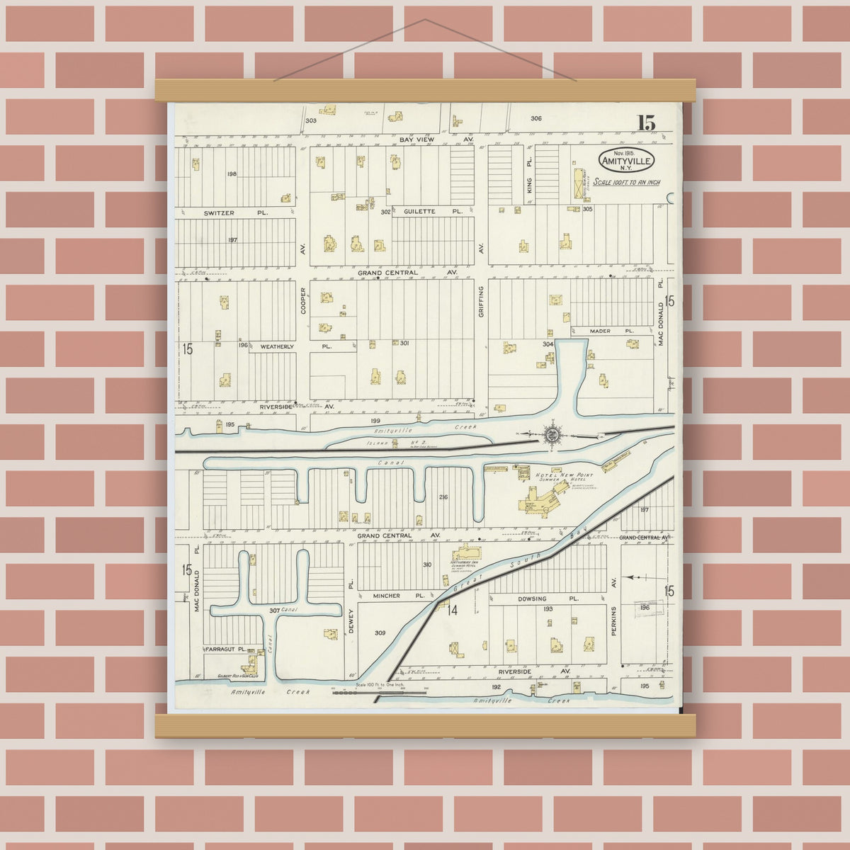 Old map wall art mockup — magnetic wood frame on brick wall — Sanborn Fire Insurance Map from Amityville, Suffolk County, New York (1915), Sheet #0015
