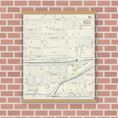 Old map wall art mockup — magnetic wood frame on brick wall — Sanborn Fire Insurance Map from Amityville, Suffolk County, New York (1915), Sheet #0015