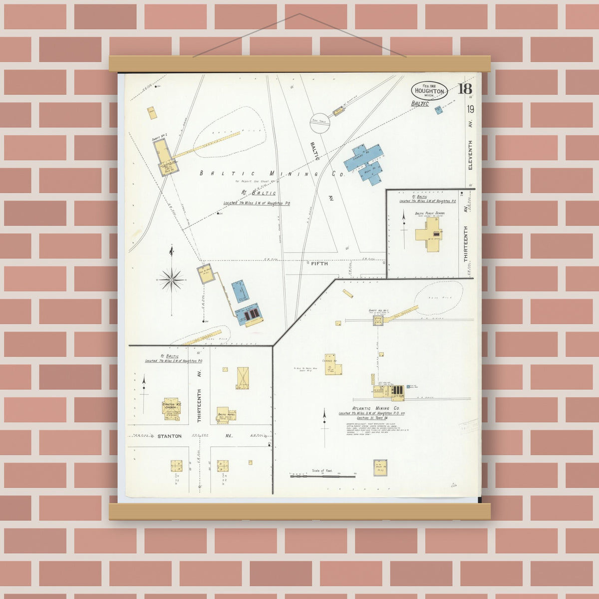 Old map wall art mockup — magnetic wood frame on brick wall — Sanborn Fire Insurance Map from Houghton, Houghton County, Michigan (1908), Sheet #0018
