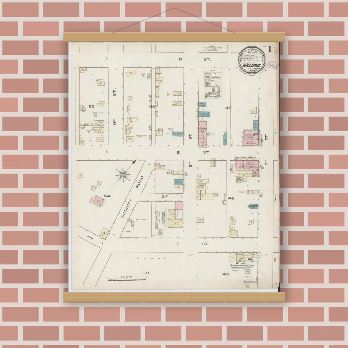 Old map wall art mockup — magnetic wood frame on brick wall — Sanborn Fire Insurance Map from Williams, Colusa County, California (1886) - Complete Map Set