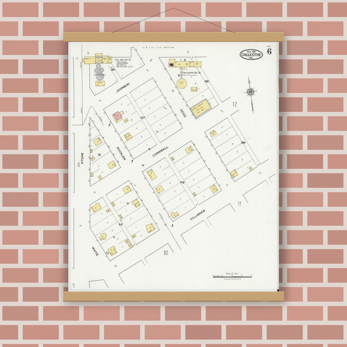 Old map wall art mockup — magnetic wood frame on brick wall — Sanborn Fire Insurance Map from Chillicothe, Hardeman County, Texas (1921), Sheet #0006