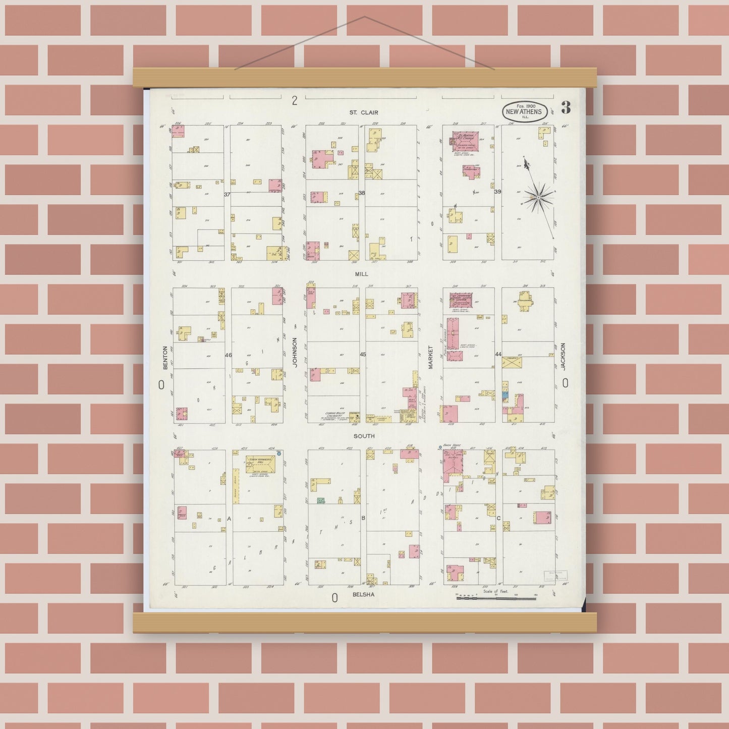 Old map wall art mockup — magnetic wood frame on brick wall — Sanborn Fire Insurance Map from New Athens, Saint Clair County, Illinois (1900), Sheet #0003
