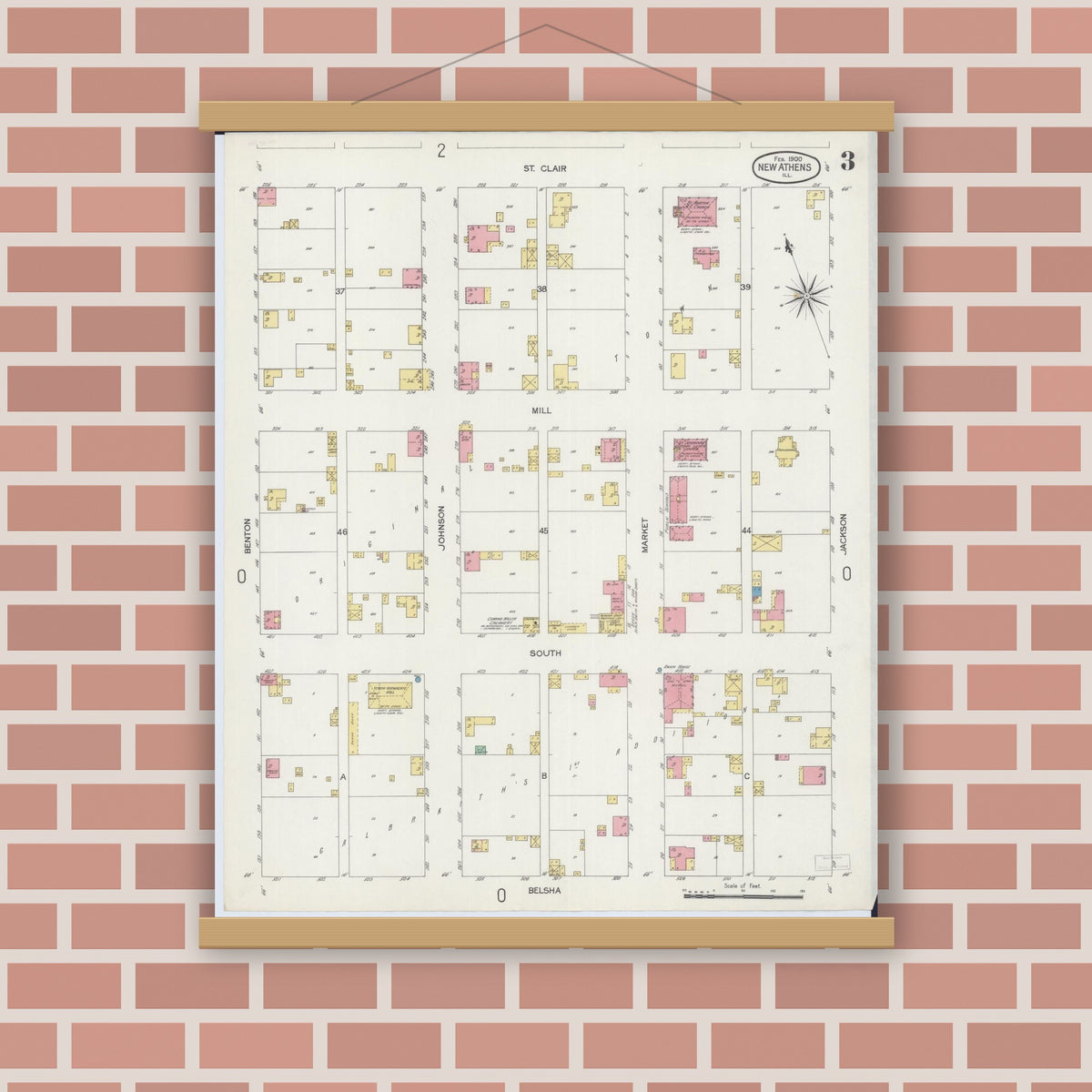Old map wall art mockup — magnetic wood frame on brick wall — Sanborn Fire Insurance Map from New Athens, Saint Clair County, Illinois (1900), Sheet #0003