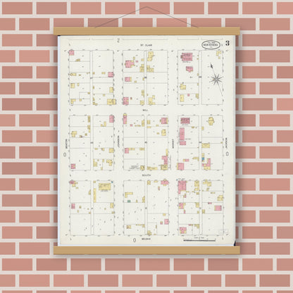 Old map wall art mockup — magnetic wood frame on brick wall — Sanborn Fire Insurance Map from New Athens, Saint Clair County, Illinois (1900), Sheet #0003