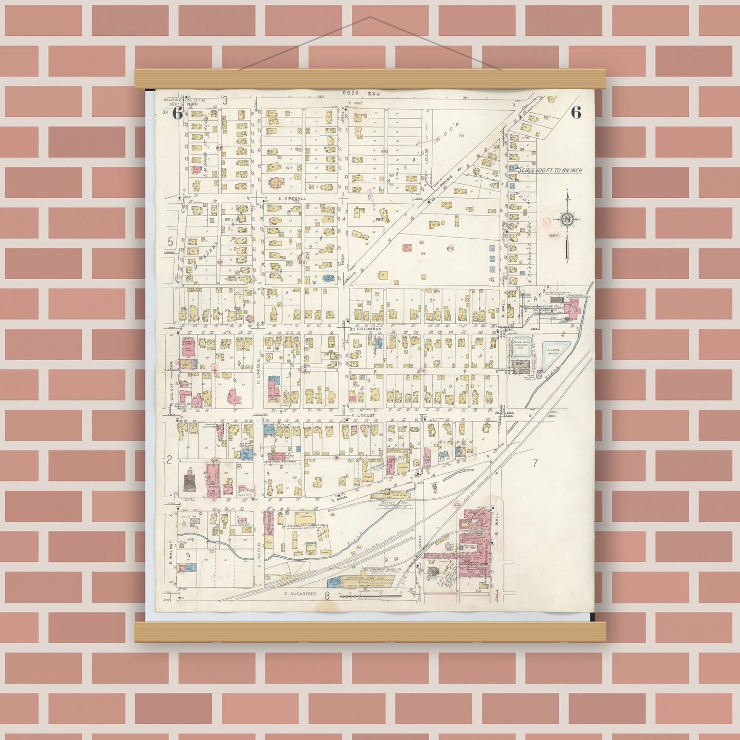 Old map wall art mockup — magnetic wood frame on brick wall — Sanborn Fire Insurance Map from Wilmington, Clinton County, Ohio (1949), Sheet #0006