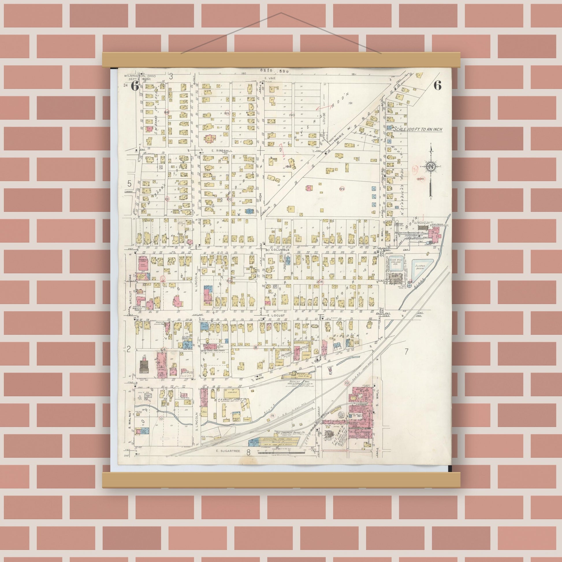 Old map wall art mockup — magnetic wood frame on brick wall — Sanborn Fire Insurance Map from Wilmington, Clinton County, Ohio (1949), Sheet #0006