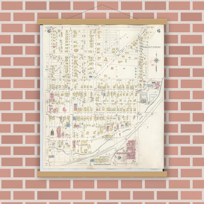 Old map wall art mockup — magnetic wood frame on brick wall — Sanborn Fire Insurance Map from Wilmington, Clinton County, Ohio (1949), Sheet #0006