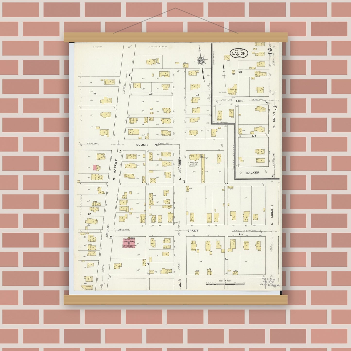 Old map wall art mockup — magnetic wood frame on brick wall — Sanborn Fire Insurance Map from Galion, Crawford County, Ohio (1913), Sheet #0002