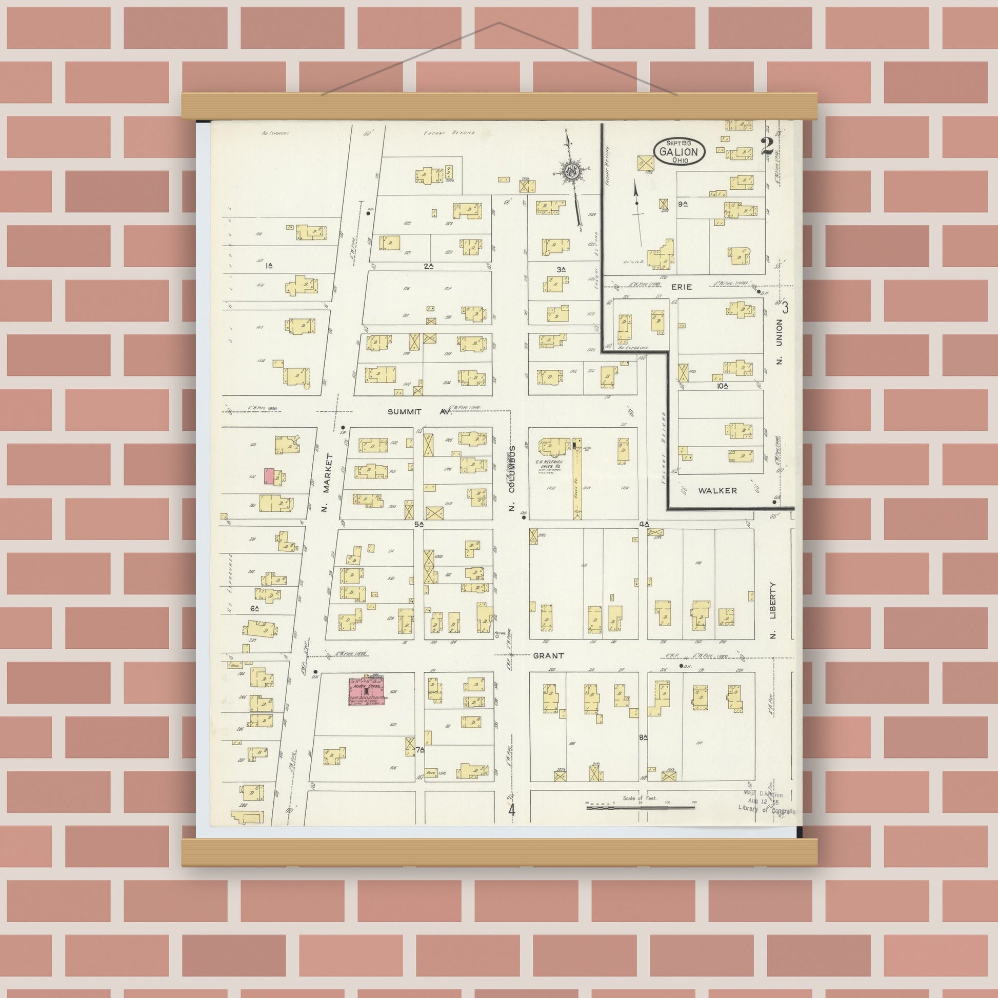 Old map wall art mockup — magnetic wood frame on brick wall — Sanborn Fire Insurance Map from Galion, Crawford County, Ohio (1913), Sheet #0002