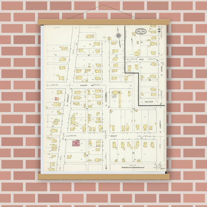 Old map wall art mockup — magnetic wood frame on brick wall — Sanborn Fire Insurance Map from Galion, Crawford County, Ohio (1913), Sheet #0002