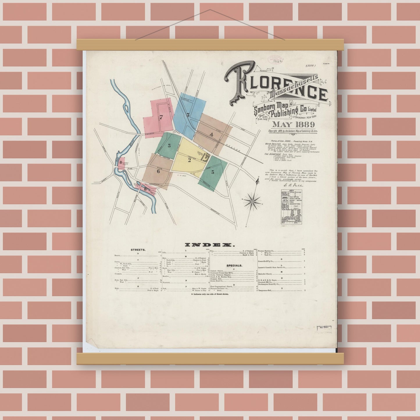 Old map wall art mockup — magnetic wood frame on brick wall — Sanborn Fire Insurance Map from Florence, Hampshire County, Massachusetts (1889) - Complete Map Set