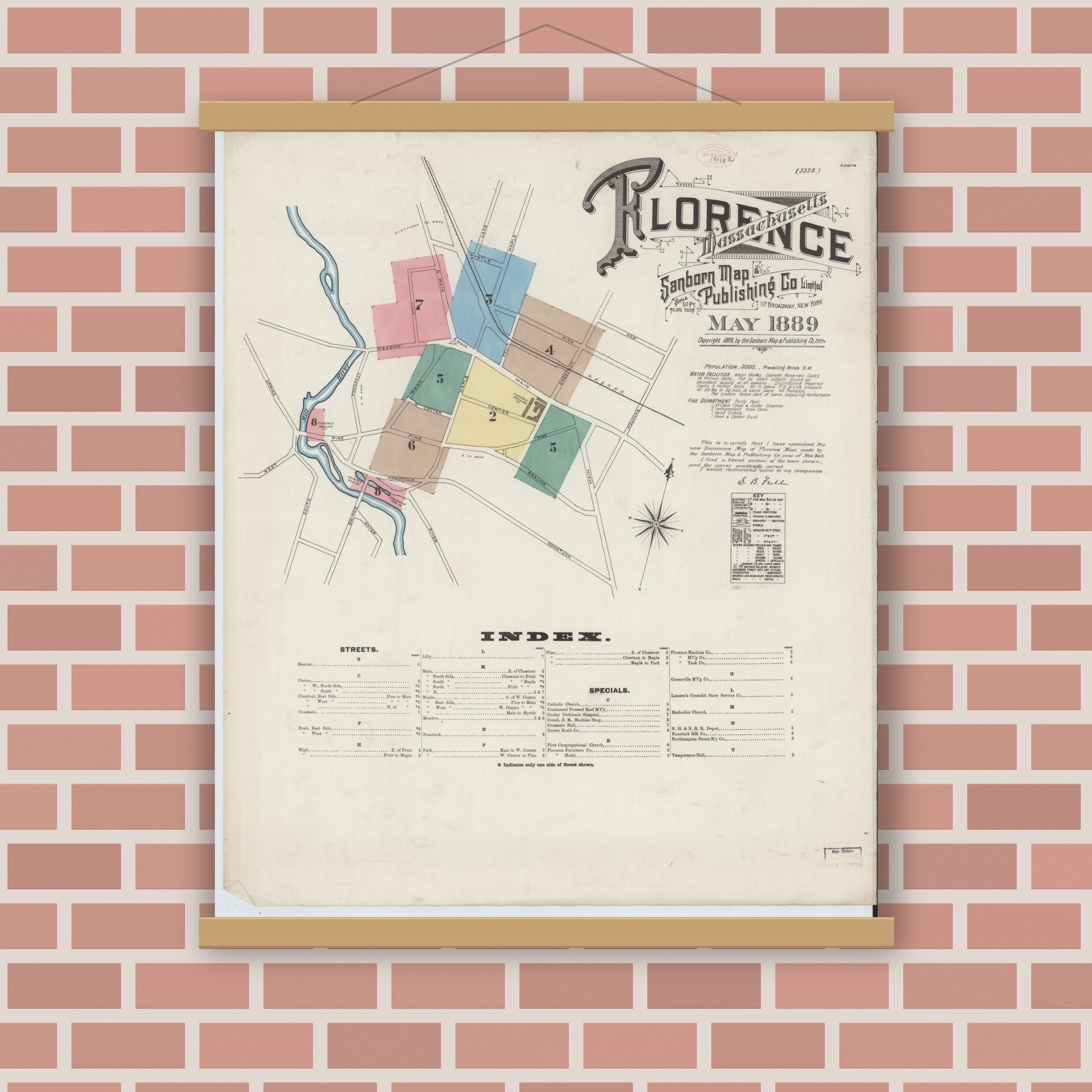 Old map wall art mockup — magnetic wood frame on brick wall — Sanborn Fire Insurance Map from Florence, Hampshire County, Massachusetts (1889) - Complete Map Set