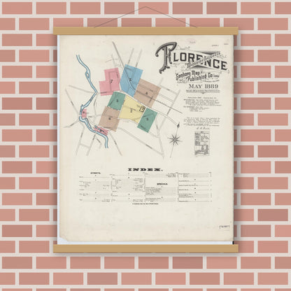 Old map wall art mockup — magnetic wood frame on brick wall — Sanborn Fire Insurance Map from Florence, Hampshire County, Massachusetts (1889) - Complete Map Set