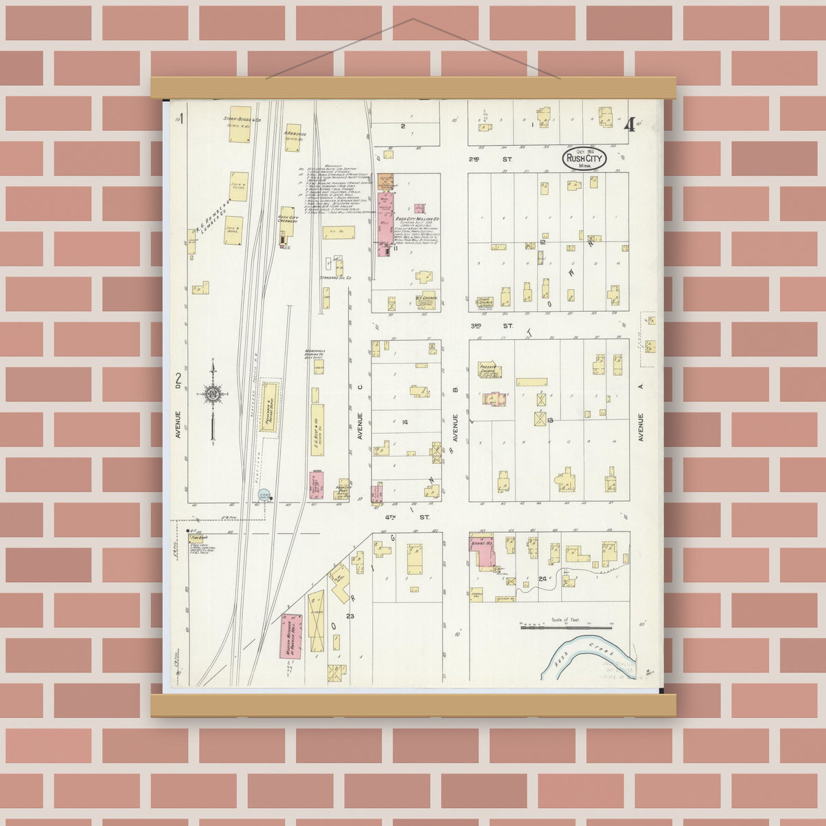 Old map wall art mockup — magnetic wood frame on brick wall — Sanborn Fire Insurance Map from Rush City, Chisago County, Minnesota (1912), Sheet #0004